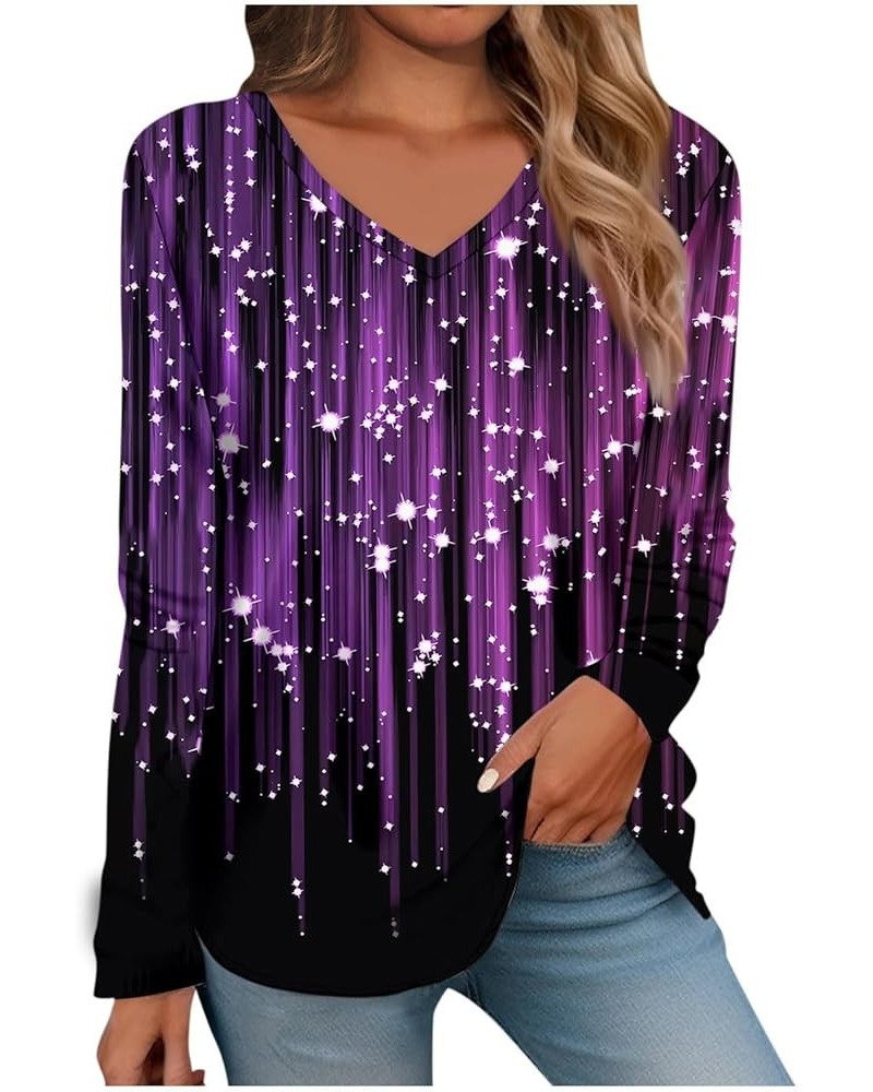 Long Sleeve Shirts for Women Fall V-Neck Blouse Sweatshirts Casual Printed Pullover Tees Loose Long Sleeve Tunics Tops 2-purp...