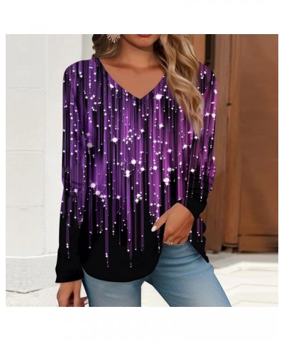 Long Sleeve Shirts for Women Fall V-Neck Blouse Sweatshirts Casual Printed Pullover Tees Loose Long Sleeve Tunics Tops 2-purp...