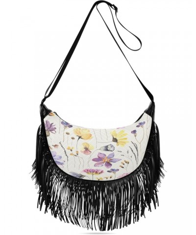 Tassel Purses for Moms Cute Floral Herbarium Style Colored Fringe Medium Size Crossbody Bags for Ladies Shoulder Bag With Str...