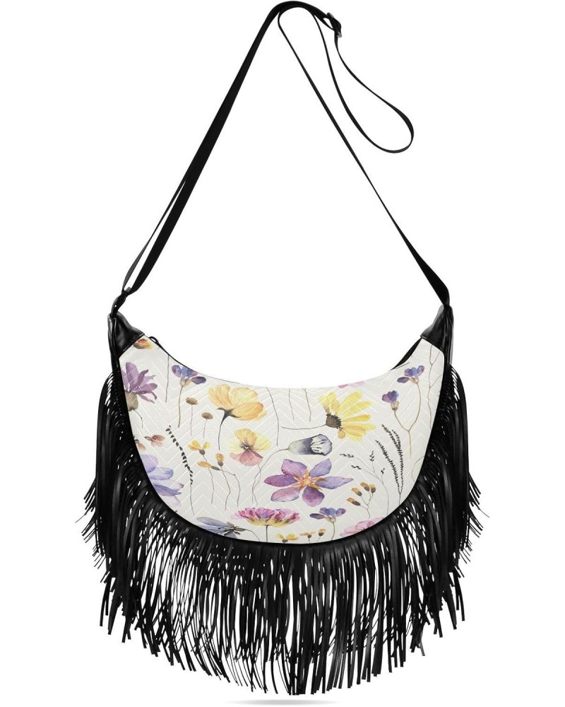 Tassel Purses for Moms Cute Floral Herbarium Style Colored Fringe Medium Size Crossbody Bags for Ladies Shoulder Bag With Str...