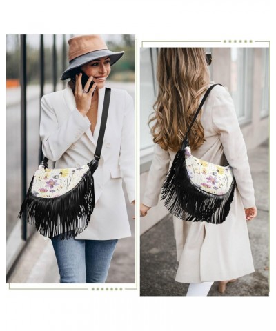 Tassel Purses for Moms Cute Floral Herbarium Style Colored Fringe Medium Size Crossbody Bags for Ladies Shoulder Bag With Str...