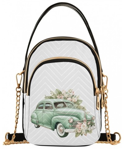 Vintage Green Vehicle Flower Women's Crossbody Handbags with Zipper, Casual Leather Cell Phone Purse Crossbody Bags for Ladie...