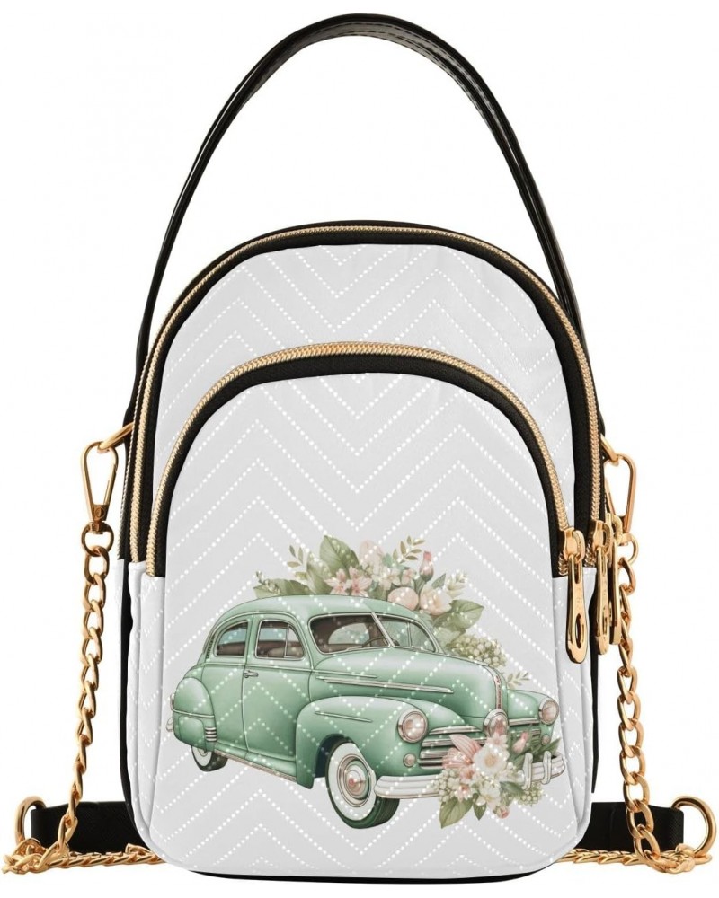 Vintage Green Vehicle Flower Women's Crossbody Handbags with Zipper, Casual Leather Cell Phone Purse Crossbody Bags for Ladie...