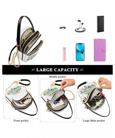 Vintage Green Vehicle Flower Women's Crossbody Handbags with Zipper, Casual Leather Cell Phone Purse Crossbody Bags for Ladie...