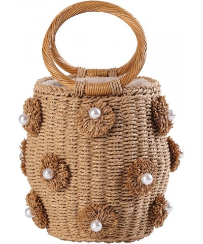 Pearl Flower Straw Woven Tote Bag Summer Beach Rattan Handle Bucket Bag Straw Purses and Handbags for Women Brown $23.03 Totes