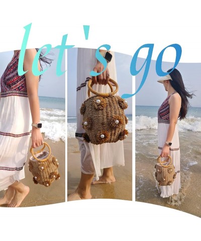 Pearl Flower Straw Woven Tote Bag Summer Beach Rattan Handle Bucket Bag Straw Purses and Handbags for Women Brown $23.03 Totes