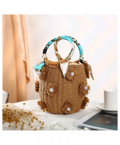 Pearl Flower Straw Woven Tote Bag Summer Beach Rattan Handle Bucket Bag Straw Purses and Handbags for Women Brown $23.03 Totes