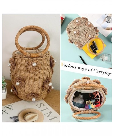 Pearl Flower Straw Woven Tote Bag Summer Beach Rattan Handle Bucket Bag Straw Purses and Handbags for Women Brown $23.03 Totes