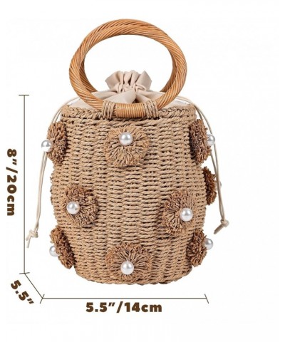 Pearl Flower Straw Woven Tote Bag Summer Beach Rattan Handle Bucket Bag Straw Purses and Handbags for Women Brown $23.03 Totes