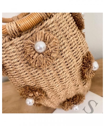 Pearl Flower Straw Woven Tote Bag Summer Beach Rattan Handle Bucket Bag Straw Purses and Handbags for Women Brown $23.03 Totes