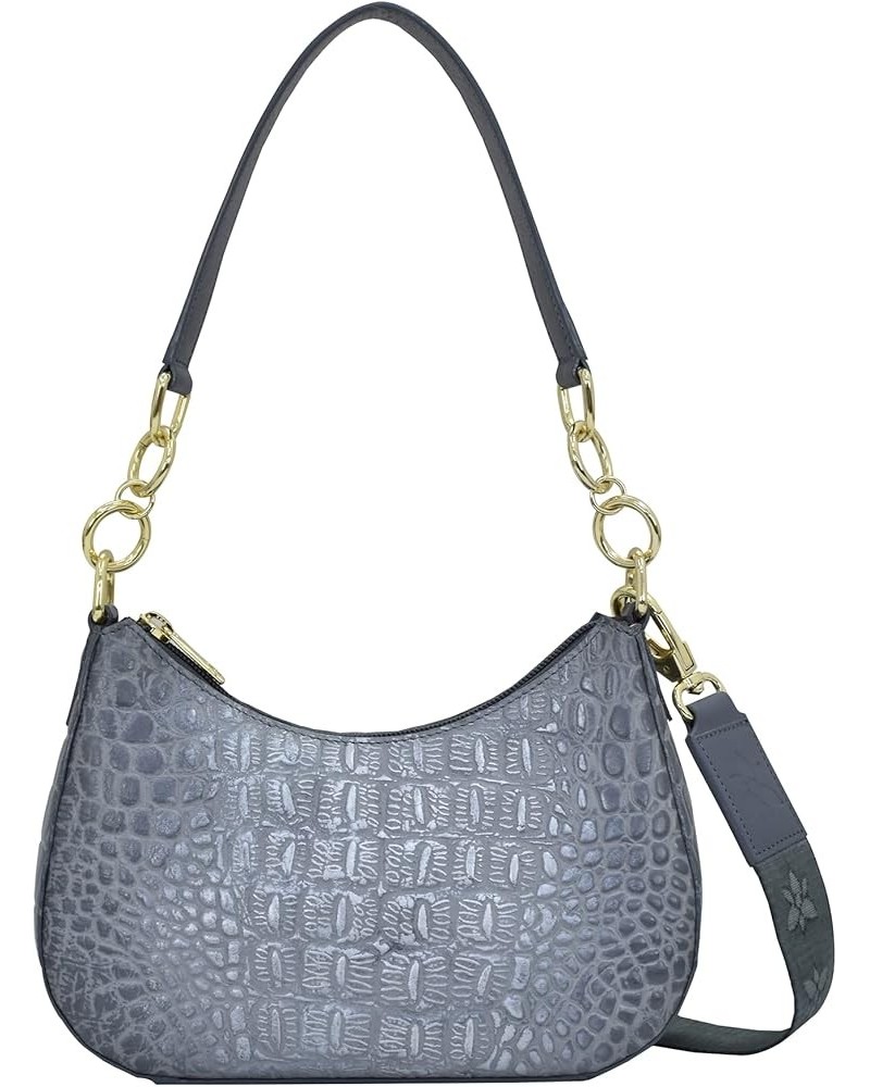 Women's Hand Painted Genuine Painted Leather Small Convertible Hobo Croco Embossed Silver/Grey $79.27 Hobo Bags