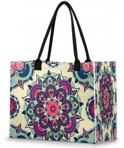 Ethnic Floral Mandala Pattern Extra Large Beach Bag Women Handbags Shoulder Bag Tote Bags Casual Shopping Bag with Inner Zipp...