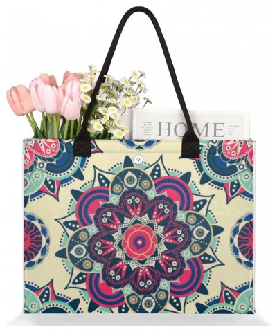 Ethnic Floral Mandala Pattern Extra Large Beach Bag Women Handbags Shoulder Bag Tote Bags Casual Shopping Bag with Inner Zipp...