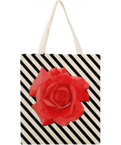 Canvas Tote Bag, Flowers Wavy Stripe Rose Shopping Bag with Zipper & Handle for School Travel, Reusable Shopping Grocery Bags...