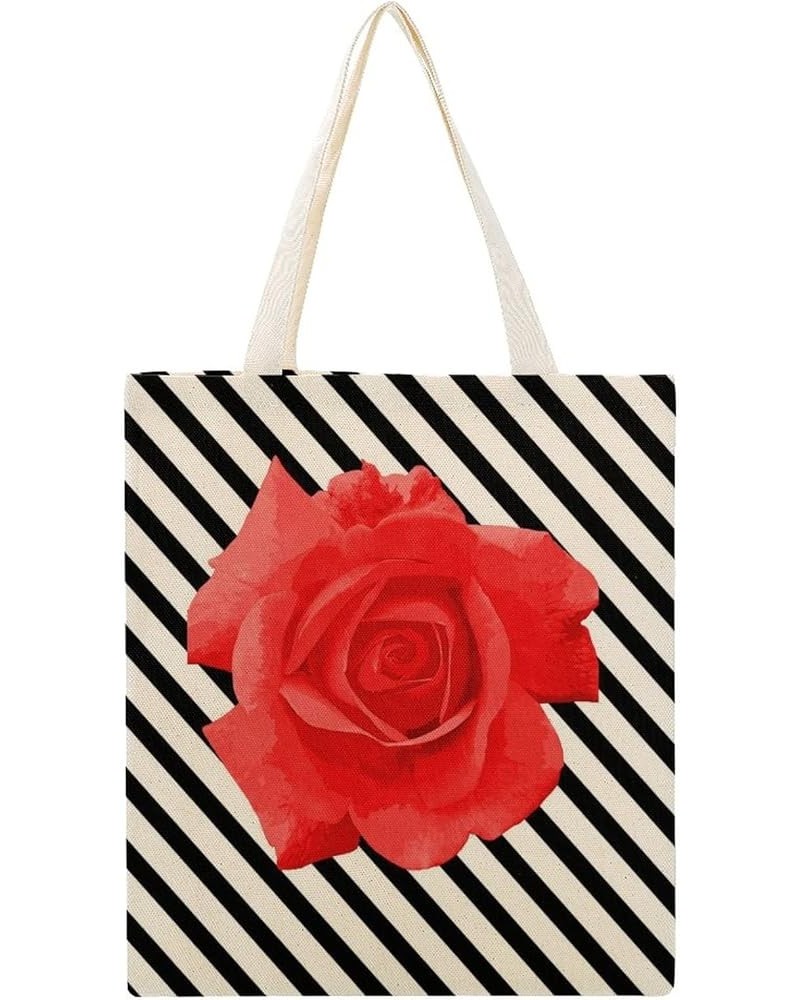 Canvas Tote Bag, Flowers Wavy Stripe Rose Shopping Bag with Zipper & Handle for School Travel, Reusable Shopping Grocery Bags...