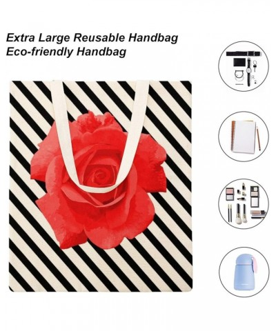 Canvas Tote Bag, Flowers Wavy Stripe Rose Shopping Bag with Zipper & Handle for School Travel, Reusable Shopping Grocery Bags...