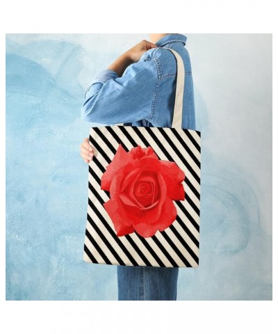 Canvas Tote Bag, Flowers Wavy Stripe Rose Shopping Bag with Zipper & Handle for School Travel, Reusable Shopping Grocery Bags...