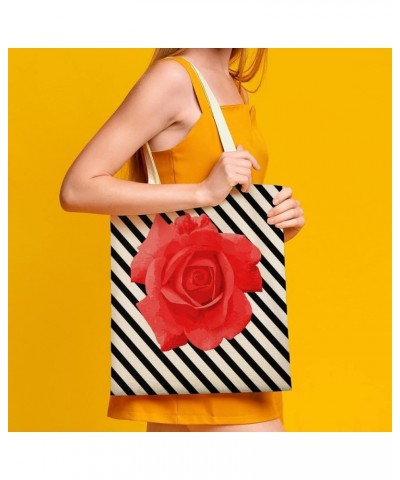 Canvas Tote Bag, Flowers Wavy Stripe Rose Shopping Bag with Zipper & Handle for School Travel, Reusable Shopping Grocery Bags...