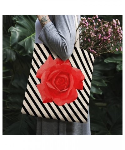 Canvas Tote Bag, Flowers Wavy Stripe Rose Shopping Bag with Zipper & Handle for School Travel, Reusable Shopping Grocery Bags...