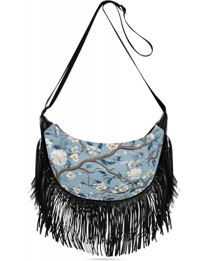 Floral Blue Tassel Crossbody Handbags for Women Ample Capacity Shoulder Bag with Adjustable Strap Durable Satchel Purse for P...