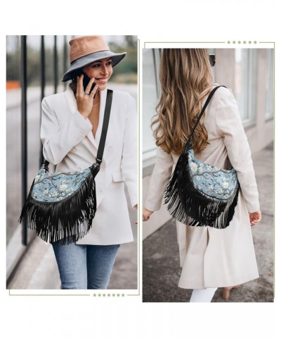 Floral Blue Tassel Crossbody Handbags for Women Ample Capacity Shoulder Bag with Adjustable Strap Durable Satchel Purse for P...