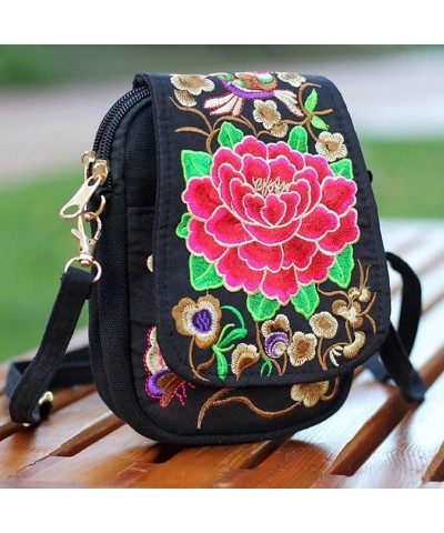 Chic Women Embroidered Canvas Shoulder Bag Ladies Small Crossbody Bags Multi-Function Bohemian Handbag Red Peony $23.46 Shoul...