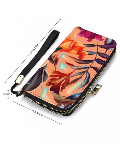 Tropical Flower Plant Leaf Pattern Zip Coin Pocket Leather Wallet Vertical Long Wallet for Men Woman With Credit Card Holder ...