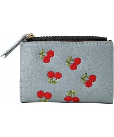 Cute Cherry Embroidered Wallet Small Bifold Coin Purse Cherry Print Zipper Around Credit Card Holder RFID Blocking (Black) Bl...