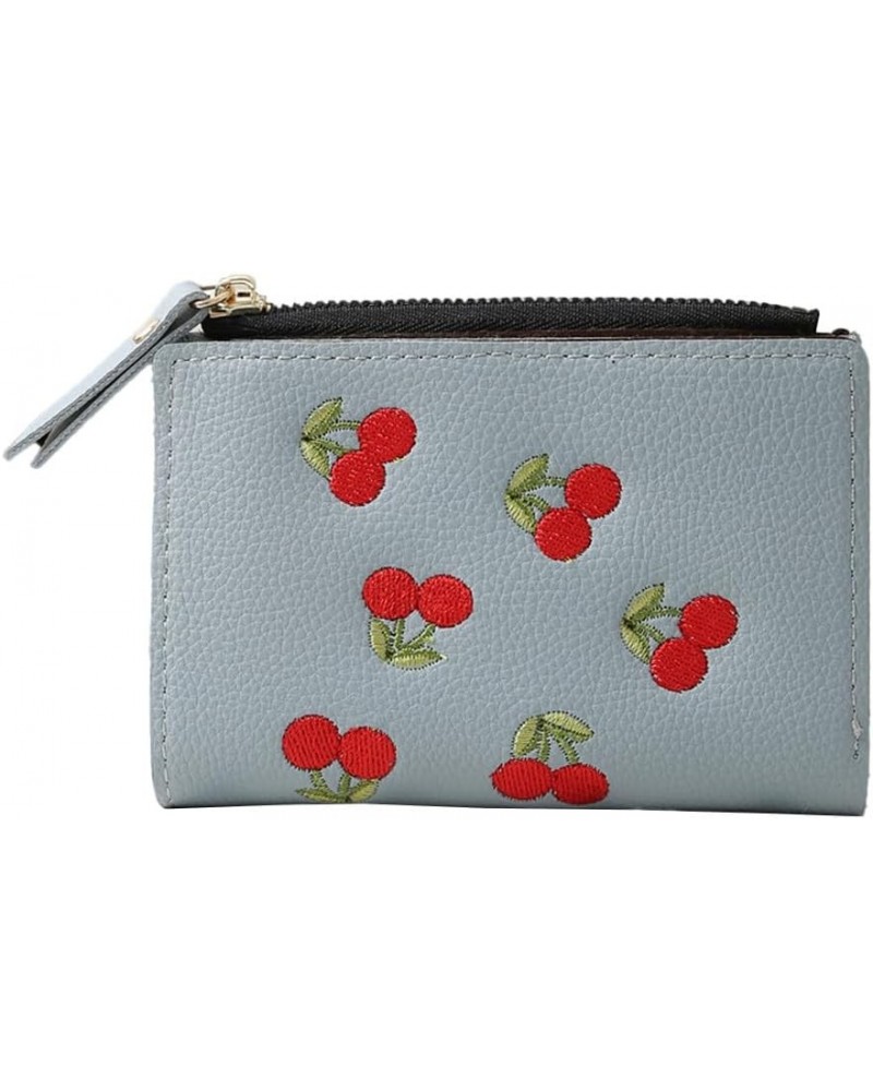 Cute Cherry Embroidered Wallet Small Bifold Coin Purse Cherry Print Zipper Around Credit Card Holder RFID Blocking (Black) Bl...