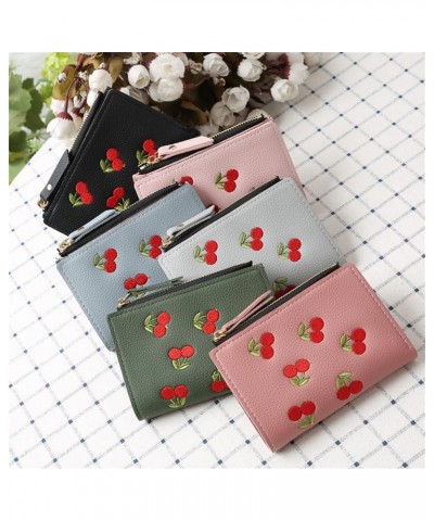 Cute Cherry Embroidered Wallet Small Bifold Coin Purse Cherry Print Zipper Around Credit Card Holder RFID Blocking (Black) Bl...