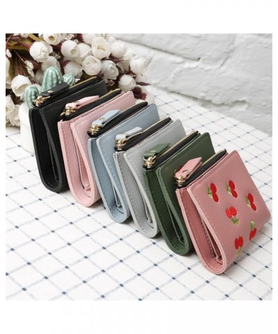 Cute Cherry Embroidered Wallet Small Bifold Coin Purse Cherry Print Zipper Around Credit Card Holder RFID Blocking (Black) Bl...