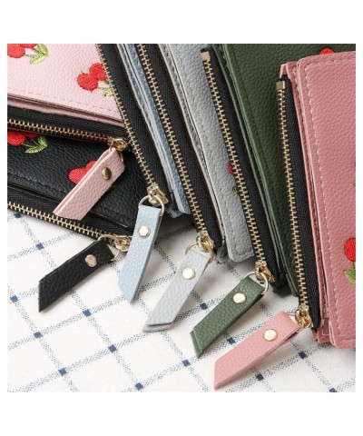 Cute Cherry Embroidered Wallet Small Bifold Coin Purse Cherry Print Zipper Around Credit Card Holder RFID Blocking (Black) Bl...