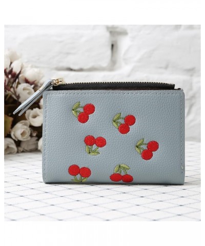 Cute Cherry Embroidered Wallet Small Bifold Coin Purse Cherry Print Zipper Around Credit Card Holder RFID Blocking (Black) Bl...