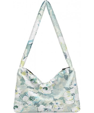 Mint Green Watercolor Floral Plush Underarm Bag Women's Tote Handbags Fluffy Shoulder Bag for Autumn and Winter $11.76 Totes