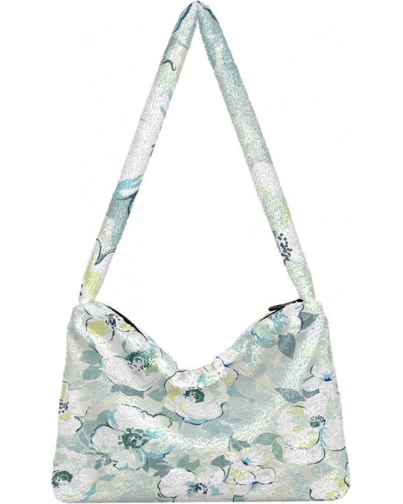 Mint Green Watercolor Floral Plush Underarm Bag Women's Tote Handbags Fluffy Shoulder Bag for Autumn and Winter $11.76 Totes