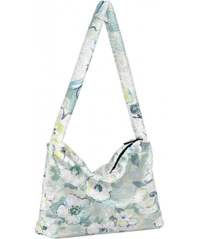 Mint Green Watercolor Floral Plush Underarm Bag Women's Tote Handbags Fluffy Shoulder Bag for Autumn and Winter $11.76 Totes