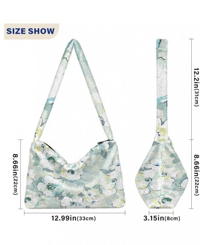 Mint Green Watercolor Floral Plush Underarm Bag Women's Tote Handbags Fluffy Shoulder Bag for Autumn and Winter $11.76 Totes