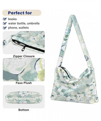 Mint Green Watercolor Floral Plush Underarm Bag Women's Tote Handbags Fluffy Shoulder Bag for Autumn and Winter $11.76 Totes