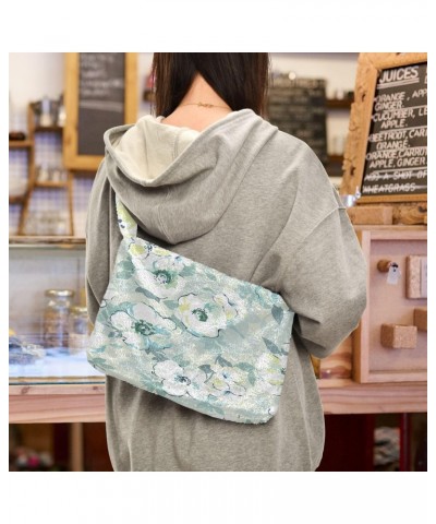 Mint Green Watercolor Floral Plush Underarm Bag Women's Tote Handbags Fluffy Shoulder Bag for Autumn and Winter $11.76 Totes