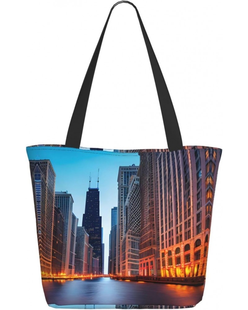 Chicago Illinois Usa Tote Bag with Zipper for Women Inside Mesh Pocket Heavy Duty Casual Anti-water Cloth Shoulder Handbag Ou...