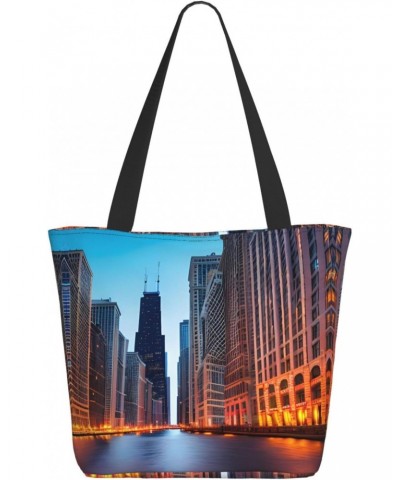 Chicago Illinois Usa Tote Bag with Zipper for Women Inside Mesh Pocket Heavy Duty Casual Anti-water Cloth Shoulder Handbag Ou...