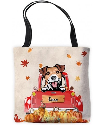 Personalized Dog Name Canvas Tote Bag Cute Puppy Jack Russell Terrier in Truck Autumn Yellow Leaves Pumpkin Custom Handbags $...