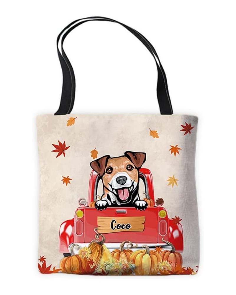 Personalized Dog Name Canvas Tote Bag Cute Puppy Jack Russell Terrier in Truck Autumn Yellow Leaves Pumpkin Custom Handbags $...