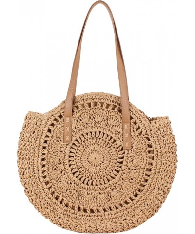 Women's Round Straw Bag Woven Bag Shoulder Bag Beach Bag Top-Handle Handbags 2large Khaki $14.23 Shoulder Bags