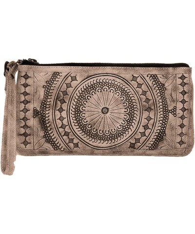 Leather Envelope Clutch Purse for Women, Hand-tooled, Western Tooling, Slim Evening Bag, Clutch with Wristlet Strap Warm Grey...