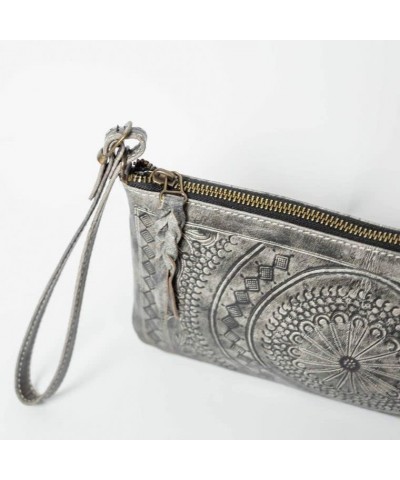 Leather Envelope Clutch Purse for Women, Hand-tooled, Western Tooling, Slim Evening Bag, Clutch with Wristlet Strap Warm Grey...