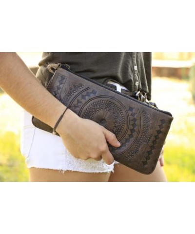 Leather Envelope Clutch Purse for Women, Hand-tooled, Western Tooling, Slim Evening Bag, Clutch with Wristlet Strap Warm Grey...