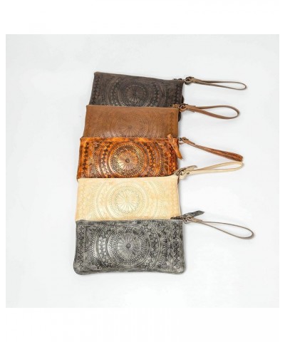 Leather Envelope Clutch Purse for Women, Hand-tooled, Western Tooling, Slim Evening Bag, Clutch with Wristlet Strap Warm Grey...