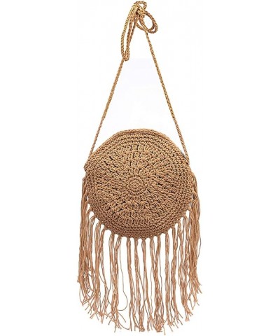 Women Round Handbags Straw Bag holiday beach round bag Tassel Vintage Cotton line Messenger Bag A-khaki $16.63 Totes