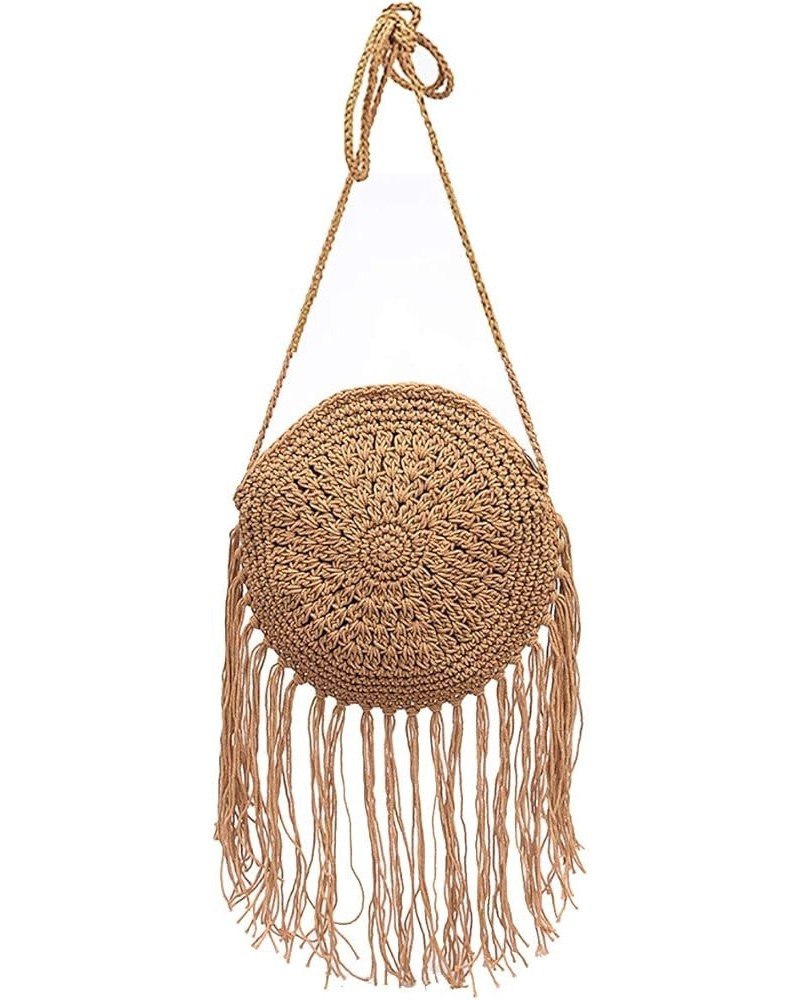 Women Round Handbags Straw Bag holiday beach round bag Tassel Vintage Cotton line Messenger Bag A-khaki $16.63 Totes